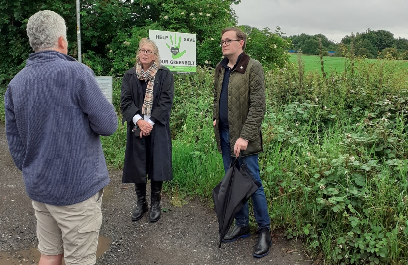 Chris Clarkson MP for Heywood and Middleton and Conservative Greater Manchester Mayoral Candidate, Laura Evans speak to a lead campaigner from the Save our Slattocks Greenbelt Group